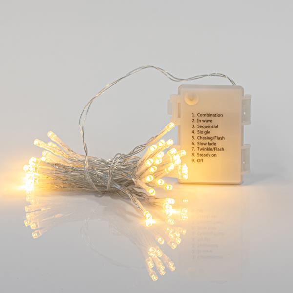 ΣΕΙΡΑ, 96 LED 3mm, BATTERY BOX 3xAA, 8 ΠΡΟΓΡΑΜΜΑΤΑ & ΜΝΗΜΗ, TIMER, ΔΙΑΦΑΝΟ PVC ΚΑΛΩΔΙΟ, ΘΕΡΜΟ ΛΕΥΚΟ LED ΑΝΑ 10cm, ΠΡΟΕΚΤΑΣΗ ΠΑΡΟΧΗΣ 30cm, IP44 (DISPLAY BOX 16τμχ)