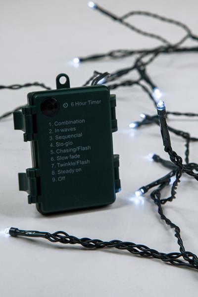 ΣΕΙΡΑ, 192 LED 3mm, ΜΠΑΤΑΡΙΑΣ 3xAA, 8 ΠΡΟΓΡΑΜΜΑΤΑ & ΜΝΗΜΗ, TIMER, ΠΡΑΣΙΝΟ PVC ΚΑΛΩΔΙΟ, ΛΕΥΚΟ LED ANA 10cm, ΠΡΟΕΚΤΑΣΗ ΠΑΡΟΧΗΣ 30cm, IP44 (DISPLAY BOX 16τμχ)
