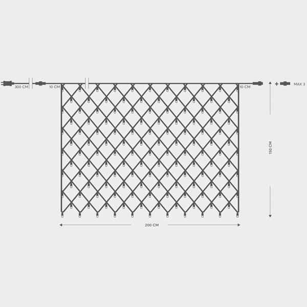 ΔΙΧΤΥ, 240 LED 3mm, 36V ΜΕΤΑΣΧΗΜΑΤΙΣΤΗ, 4 ΕΠΕΚΤΑΣΕΙΣ ΕΩΣ 3 ΣΕΤ, ΠΡΑΣΙΝΟ PVC ΚΑΛΩΔΙΟ, ΛΕΥΚΟ LED (H150 x W200cm), ΠΡΟΕΚΤΑΣΗ ΠΑΡΟΧΗΣ 3m, ΙΡ44