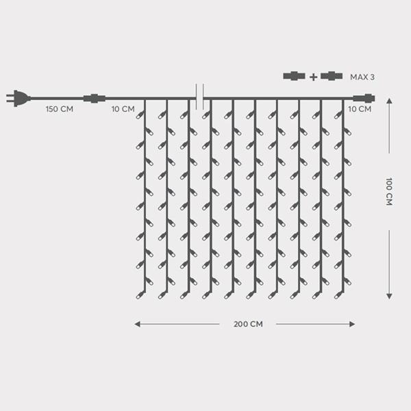ΚΟΥΡΤΙΝΑ, 200 LED 5mm ΜΕ ΚΑΛΥΜΜΑ, 230V, 3 ΕΠΕΚΤΑΣΕΙΣ ΕΩΣ 5 ΣΕΤ, ΠΡΑΣΙΝΟ ΚΑΟΥΤΣΟΥΚ ΚΑΛΩΔΙΟ, ΛΕΥΚΟ LED (H100 x W200cm, 20 LINES x 10 LED), ΠΡΟΕΚΤΑΣΗ ΠΑΡΟΧΗΣ 1.5m, ΙΡ65