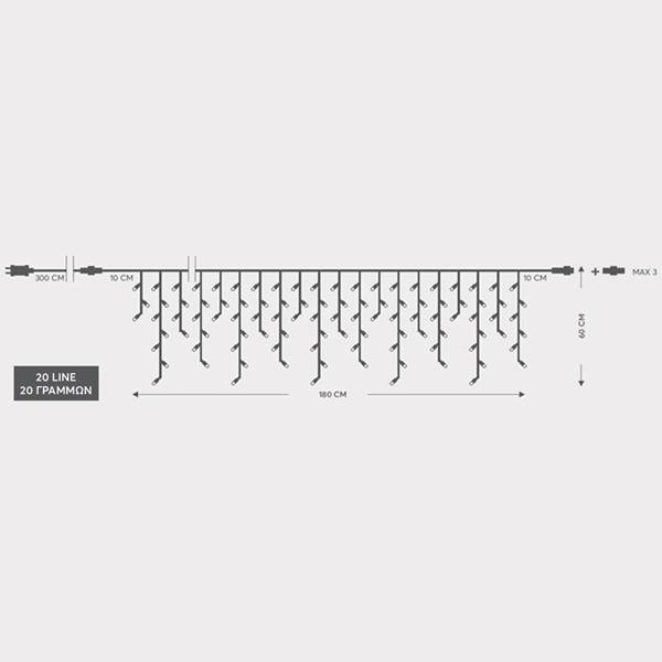 ΒΡΟΧΗ, 100 LED 3mm, 31V ΜΕΤΑΣΧΗΜΑΤΙΣΤΗ, 4 ΕΠΕΚΤΑΣΕΙΣ ΕΩΣ 3 ΣΕΤ, ΔΙΑΦΑΝΟ PVC ΚΑΛΩΔΙΟ, ΘΕΡΜΟ ΛΕΥΚΟ LED (H60 x W180cm, 3/7/4/6), ΠΡΟΕΚΤΑΣΗ ΠΑΡΟΧΗΣ 3m, ΙΡ44