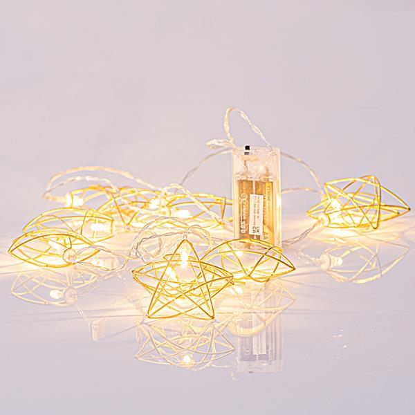 ΣΕΙΡΑ, 10 LED 5mm, ΧΡΥΣΑ ΜΕΤΑΛΛΙΚΑ ΑΣΤΕΡΙΑ, ΜΠΑΤΑΡΙΑΣ 2xAA, ΔΙΑΦΑΝΟ PVC ΚΑΛΩΔΙΟ, ΘΕΡΜΟ ΛΕΥΚΟ LED ΑΝΑ 15cm, ΠΡΟΕΚΤΑΣΗ ΠΑΡΟΧΗΣ 30cm, IP20