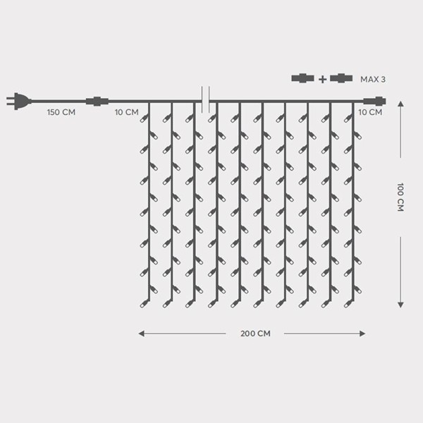 ΚΟΥΡΤΙΝΑ, 200 LED 5mm, 230V, 3 ΕΠΕΚΤΑΣΕΙΣ ΕΩΣ 5 ΣΕΤ, ΠΡΑΣΙΝΟ ΚΑΟΥΤΣΟΥΚ ΚΑΛΩΔΙΟ, ΘΕΡΜΟ ΛΕΥΚΟ LED (H100 x W200cm, 20 LINES x 10 LED), ΠΡΟΕΚΤΑΣΗ ΠΑΡΟΧΗΣ 1.5m ΙΡ65