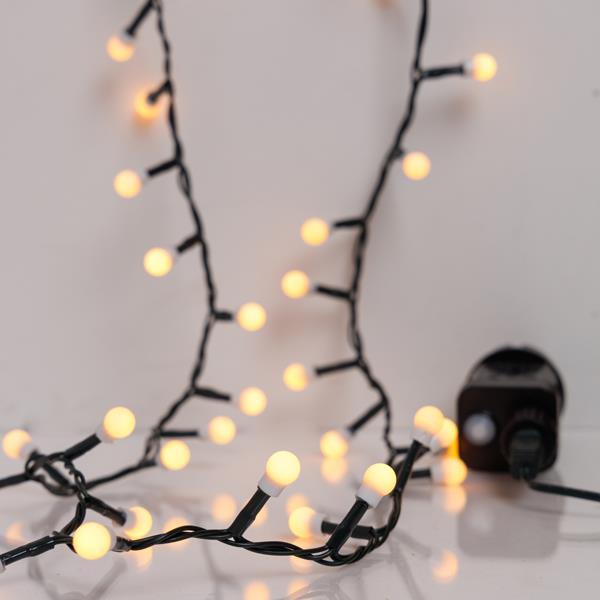 ΣΕΙΡΑ, 100 LED 3mm, ΛΕΥΚΕΣ ΜΠΑΛΙΤΣΕΣ 0.9cm, 31V ΜΕΤΑΣΧΗΜΑΤΙΣΤΗ, 8 ΠΡΟΓΡΑΜΜΑΤΑ & ΜΝΗΜΗ, ΠΡΑΣΙΝΟ PVC ΚΑΛΩΔΙΟ, ΘΕΡΜΟ ΛΕΥΚΟ LED ΑΝΑ 3cm, ΠΡΟΕΚΤΑΣΗ ΠΑΡΟΧΗΣ 3m, IP44