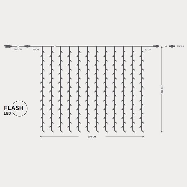 ΚΟΥΡΤΙΝΑ, 500 FLASH LED 5mm, 31V ΜΕΤΑΣΧΗΜΑΤΙΣΤΗ, 4 ΕΠΕΚΤΑΣΕΙΣ ΕΩΣ 3 ΣΕΤ, ΔΙΑΦΑΝΟ PVC ΚΑΛΩΔΙΟ, ΘΕΡΜΟ ΛΕΥΚΟ LED (H250 x L300cm, 20 ΣΕΙΡΕΣ x 25 LED), ΠΡΟΕΚΤΑΣΗ ΠΑΡΟΧΗΣ 3m, ΙΡ44
