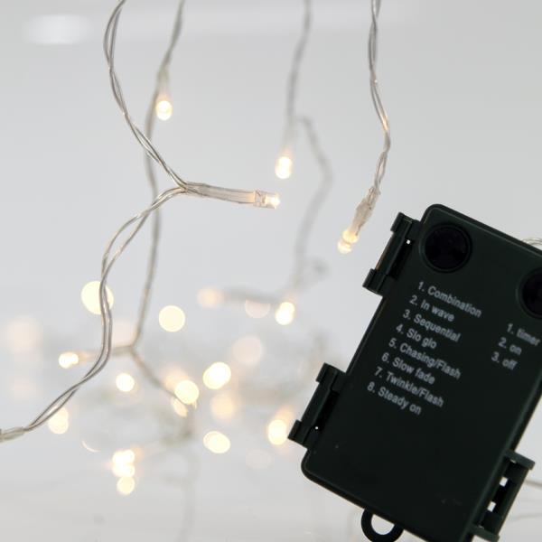 ΣΕΙΡΑ, 20 LED 5mm, ΜΠΑΤΑΡΙΑΣ 3xAA, 8 ΠΡΟΓΡΑΜΜΑΤΑ, ΧΡΟΝΟΔΙΑΚΟΠΤΗ, ΔΙΑΦΑΝΟ PVC ΚΑΛΩΔΙΟ, ΘΕΡΜΟ ΛΕΥΚΟ LED ΑΝΑ 10cm, ΠΡΟΕΚΤΑΣΗ ΠΑΡΟΧΗΣ 50cm, IP44